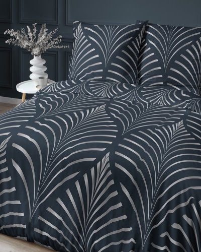 Pościel satyna bawełniana granatowo srebrna 180x200 w liście Home Satin