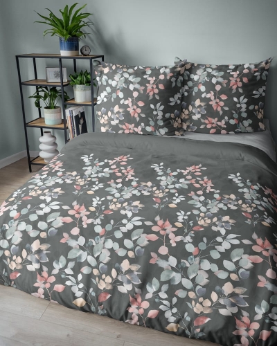 Pościel satyna bawełniana w szarości 220x200 kolorowe liście Home Satin