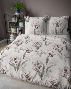 Pościel satyna bawełniana jasno kremowa 160x200 w beżowo różowe irysy Home Satin