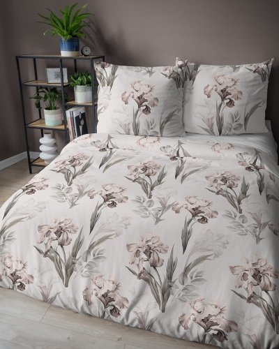 Pościel satyna bawełniana jasno kremowa 160x200 w beżowo różowe irysy Home Satin