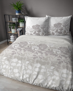 Pościel satyna bawełniana beżowo biała 220x200 w kwiaty i liście Home Satin