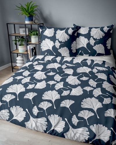 Pościel bawełniana 100% granatowa 220x200 w liście miłorzębu