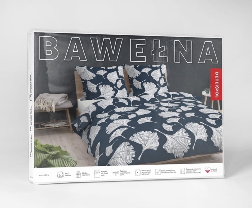 Pościel bawełniana 100% granatowa 220x200 w liście miłorzębu