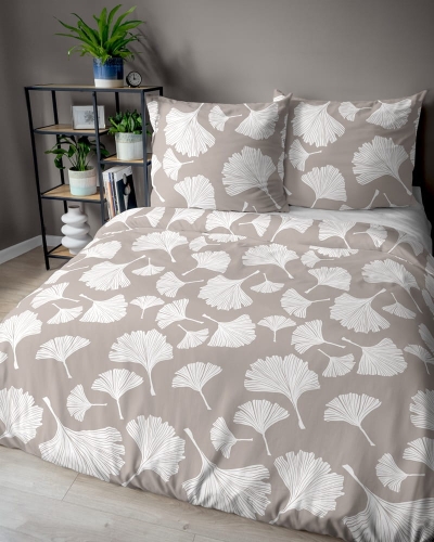 Pościel bawełniana 100% beżowa 160x200 w liście miłorzębu