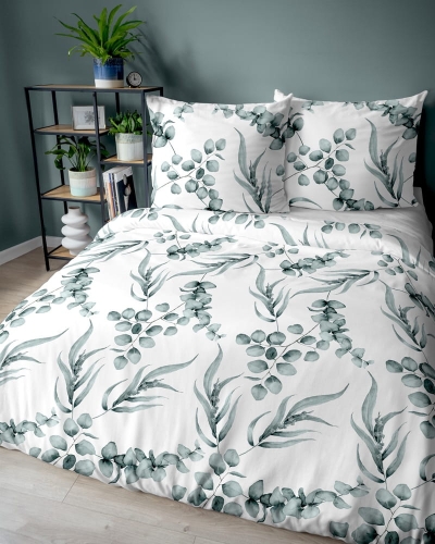 Pościel bawełniana 100% biała 160x200 w zielone liście eukaliptusa