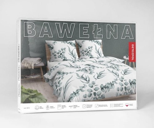 Pościel bawełniana 100% biała 160x200 w zielone liście eukaliptusa