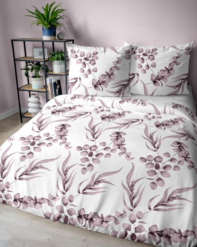 Pościel bawełniana 100% biała 220x200 w liście eukaliptusa w odcieniach różu