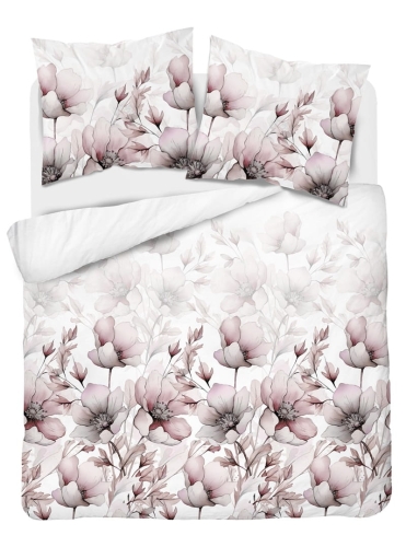 Pościel bawełniana 100% biała 220x200 w akwarelowe kwiaty w pastelowych odcieniach różu i beżu