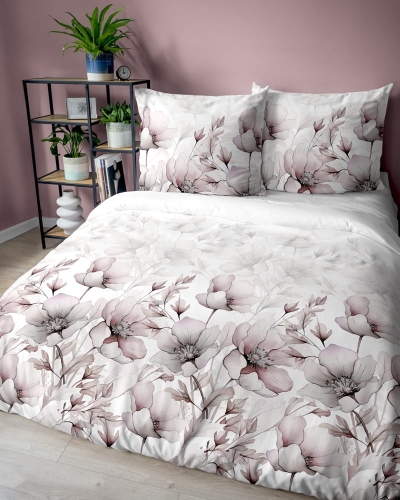 Pościel bawełniana 100% biała 220x200 w akwarelowe kwiaty w pastelowych odcieniach różu i beżu
