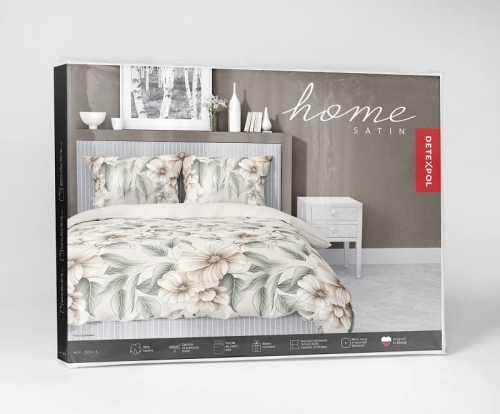 Pościel z satyny bawełnianej 160x200 Home Satin beżowo zielona w  kwiaty