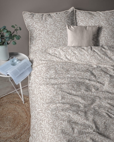 Pościel z perkalu beżowa 220x200 liście Lame Percale
