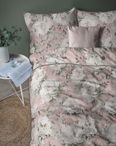 Pościel z perkalu różowa 160x200 piwonie Lame Percale