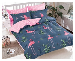 Komplet pościeli dwustronnej granatowo różowej 200x220 w różowe flamingi
