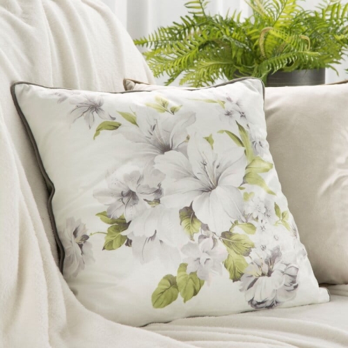 Poszewka dekoracyjna Kremowa Zielona Velvet Z Lamówką 45x45 Kwiaty