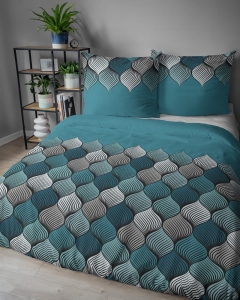 Komplet pościeli z satyny bawełnianej turkusowej 220x200 w geometryczny wzór
