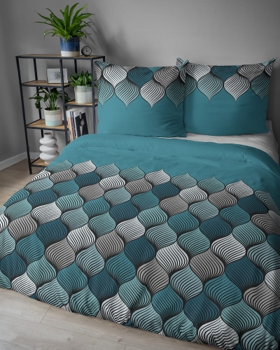 Komplet pościeli z satyny bawełnianej turkusowej 220x200 w geometryczny wzór