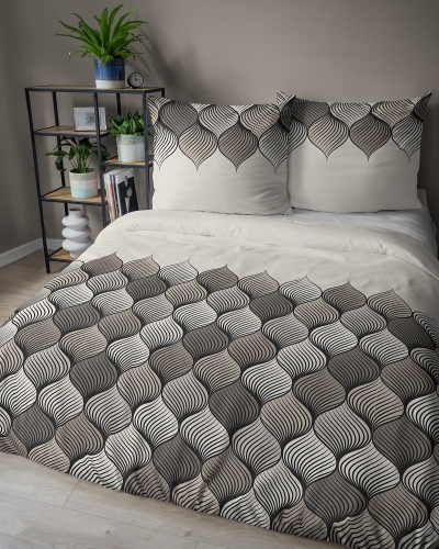 Komplet pościeli z satyny bawełnianej popielatej 220x200 w geometryczny wzór