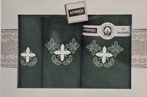 Komplet ręczników ciemnozielonych w pudełku 3 części z haftem kwiatowym