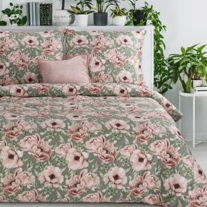 Komplet pościeli z bawełny satynowej oliwkowej Spring 160x200 w różowe kwiaty
