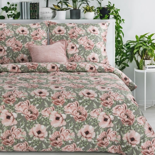 Komplet pościeli z bawełny satynowej oliwkowej Spring 220x200 w różowe kwiaty