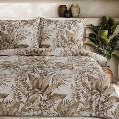 Komplet pościeli z bawełny satynowej beżowo brązowa Spring 220x200 kompozycja roślin i liści 