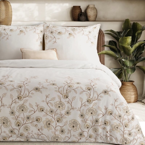 Komplet pościeli z bawełny satynowej białej Spring 220x200 w beżowe kwiaty