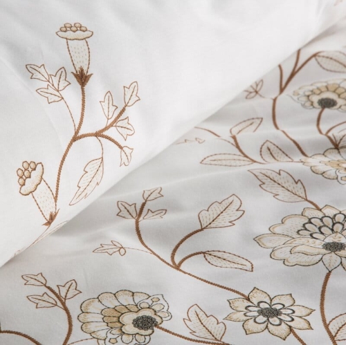 Komplet pościeli z bawełny satynowej białej Spring 220x200 w beżowe kwiaty