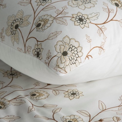 Komplet pościeli z bawełny satynowej białej Spring 220x200 w beżowe kwiaty