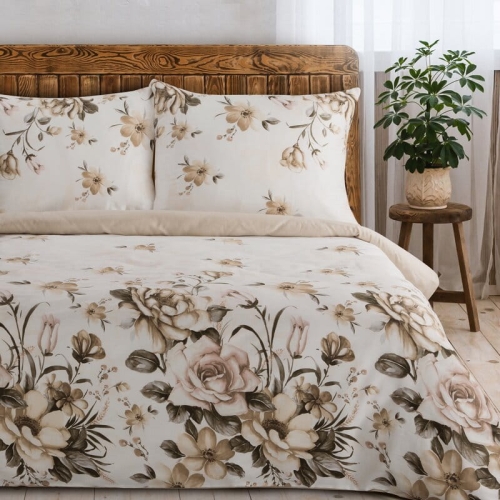 Komplet pościeli z bawełny satynowej Spring 140x200 w beżowo brązowe kwiaty