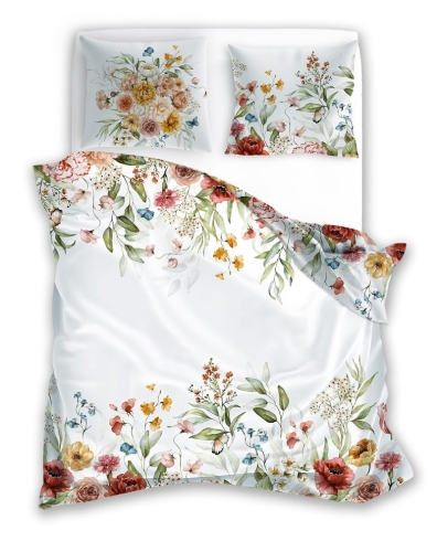 Pościel satyna bawełniana biała Nobile 220x200 motyw kwiatowy 