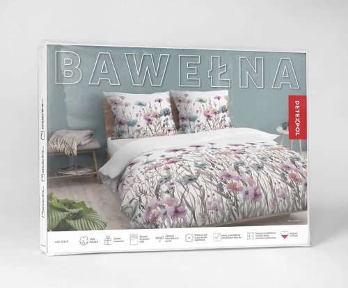 Pościel bawełniana biała 100% 160x200 w turkusowe i różowe kwiaty polne
