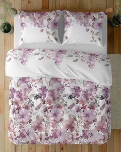 Komplet pościeli z satyny bawełnianej 220x200 w fioletowe i pudrowo różowe kwiaty Home Satin
