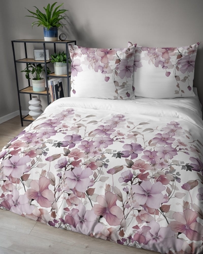 Komplet pościeli z satyny bawełnianej 220x200 w fioletowe i pudrowo różowe kwiaty Home Satin