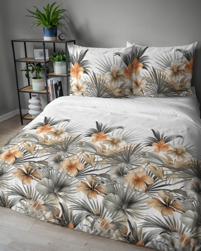 Komplet pościeli z satyny bawełnianej 160x200 w pomarańczowe hibiskusy Home Satin