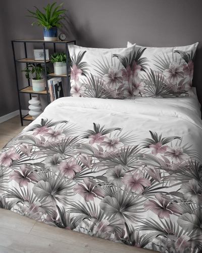 Komplet pościeli z satyny bawełnianej 220x200 w różowe hibiskusy Home Satin