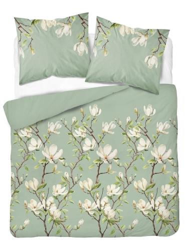 Komplet pościeli z satyny bawełnianej pastelowo zielona 160x200 w kwitnące magnolie Home Satin