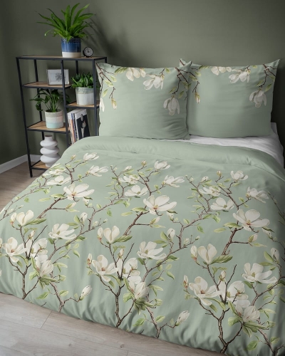 Komplet pościeli z satyny bawełnianej pastelowo zielona 160x200 w kwitnące magnolie Home Satin