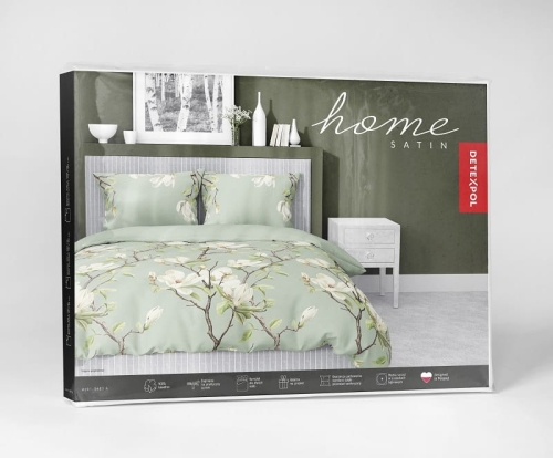 Komplet pościeli z satyny bawełnianej pastelowo zielona 160x200 w kwitnące magnolie Home Satin