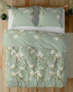 Komplet pościeli z satyny bawełnianej pastelowo zielona 220x200 w kwitnące magnolie Home Satin