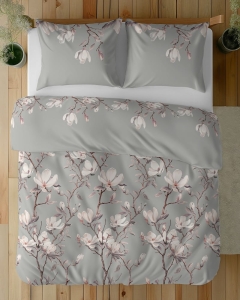 Komplet pościeli z satyny bawełnianej popielatej 160x200 w kwitnące magnolie Home Satin