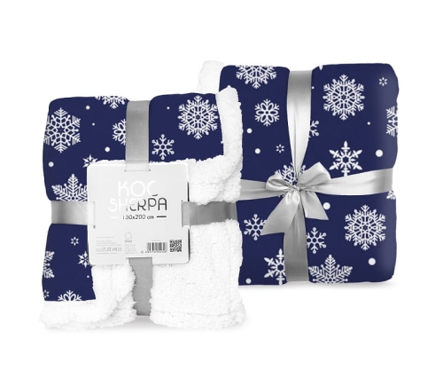 Koc świąteczny niebieski 150x200 Białe Płatki Śniegu