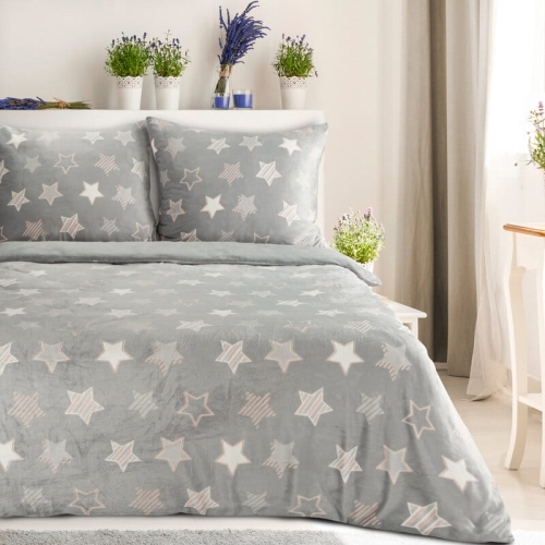 Komplet pościeli polarowej srebrno białej 220x200 w gwiazdki