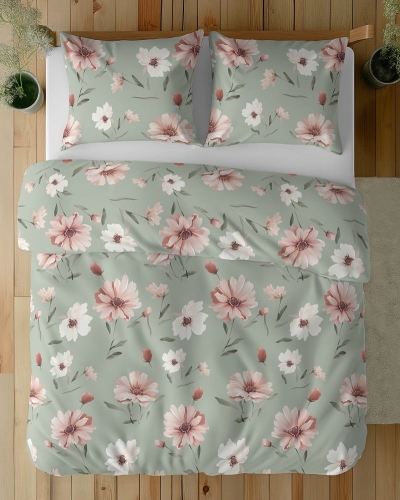 Pościel bawełniana pastelowo zielona 100% 160x200 kwiaty