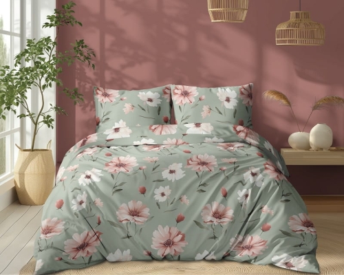 Pościel bawełniana pastelowo zielona 100% 220x200 kwiaty