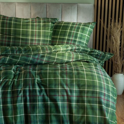 Komplet pościeli z bawełny satynowej zielona krata 220x200 Jamila
