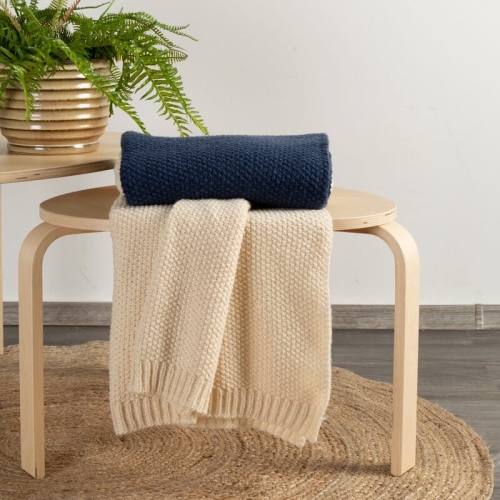 Koc beżowo granatowy 130x170 Pled