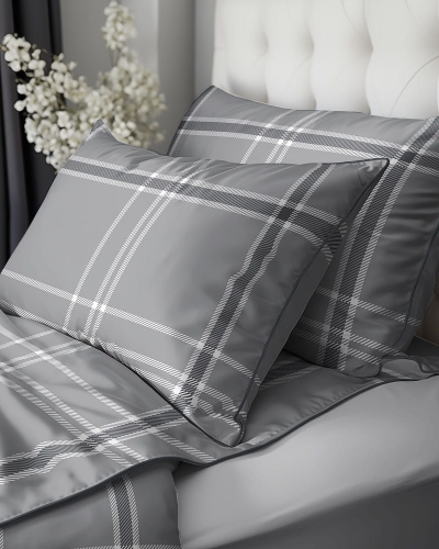 Pościel z perkalu 160x200 Klasyczna Popielata Krata Lame Percale