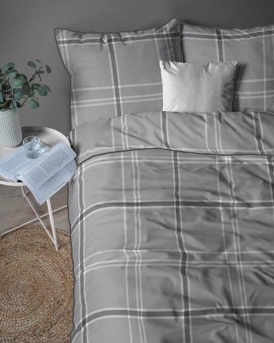 Pościel z perkalu 160x200 Klasyczna Popielata Krata Lame Percale