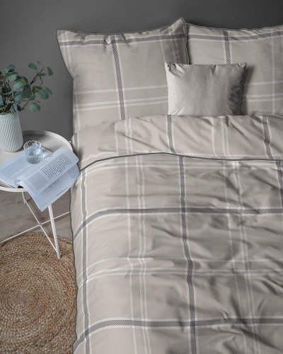 Pościel z perkalu 160x200 Klasyczna Beżowa Krata Lame Percale