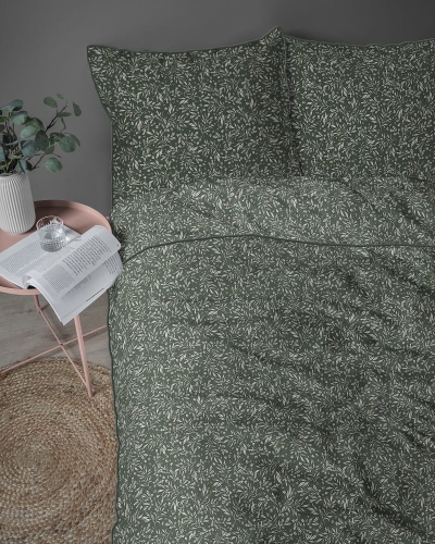 Pościel z perkalu zielona 220x200 Roślinny Wzór Lame Percale